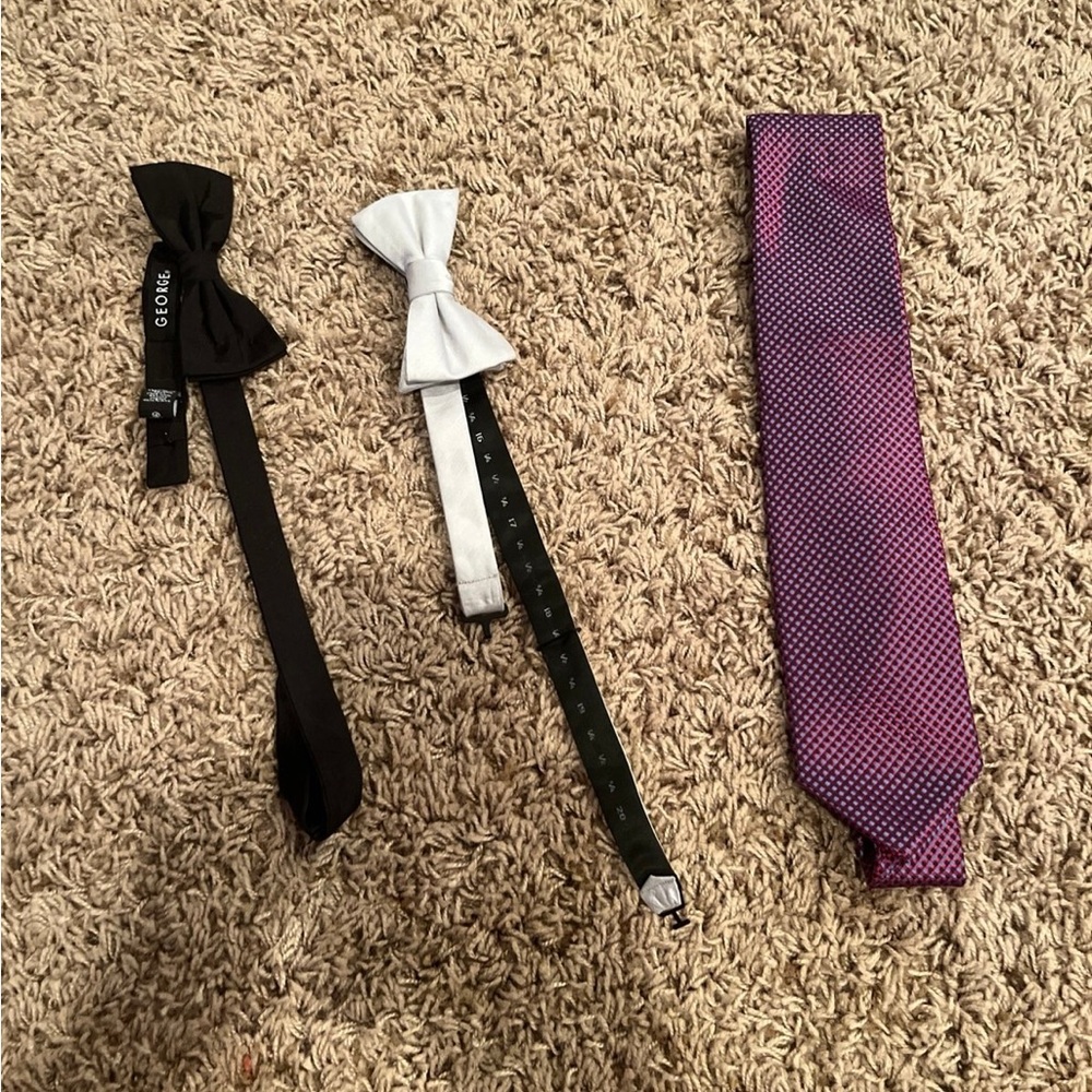 Black, White, and Purple Bow Ties and Necktie Set